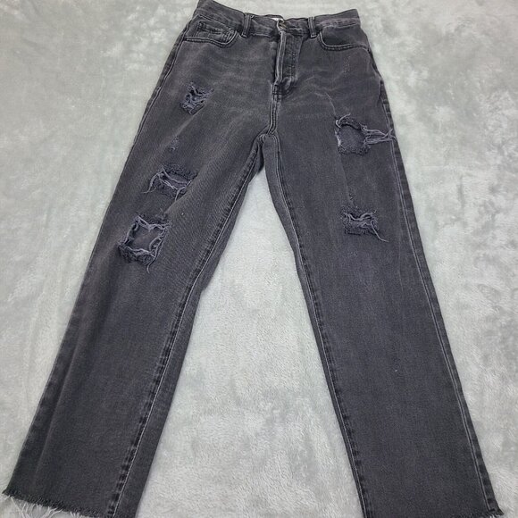 Pac Sun Jeans Women Size 26x26 Black Straight Distressed High Rise Button Fly - Picture 1 of 9